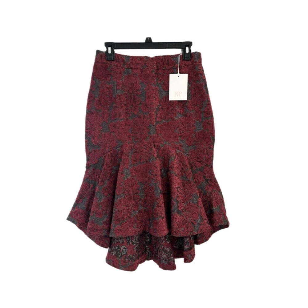 Rachel Parcell Jacquard Floral High Low Ruffle Hem Skirt Burgundy Gray Sz 8 - Picture 3 of 10